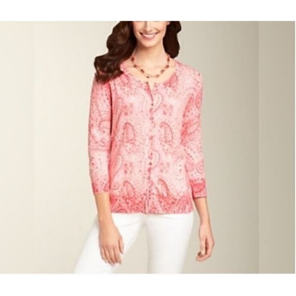 Talbots Cardigan Sweater Womens Large Paisley Beaded Button Up 3/4 Sleeve
